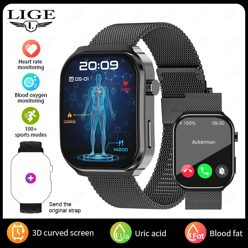 LIGE New Medical Grade Smart Watch Men Uric Acid Blood Fat Monitor 2.2'' Large Screen Bluetooth Call Sports Smartwatch Women Man