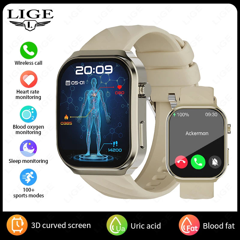 LIGE New Medical Grade Smart Watch Men Uric Acid Blood Fat Monitor 2.2'' Large Screen Bluetooth Call Sports Smartwatch Women Man
