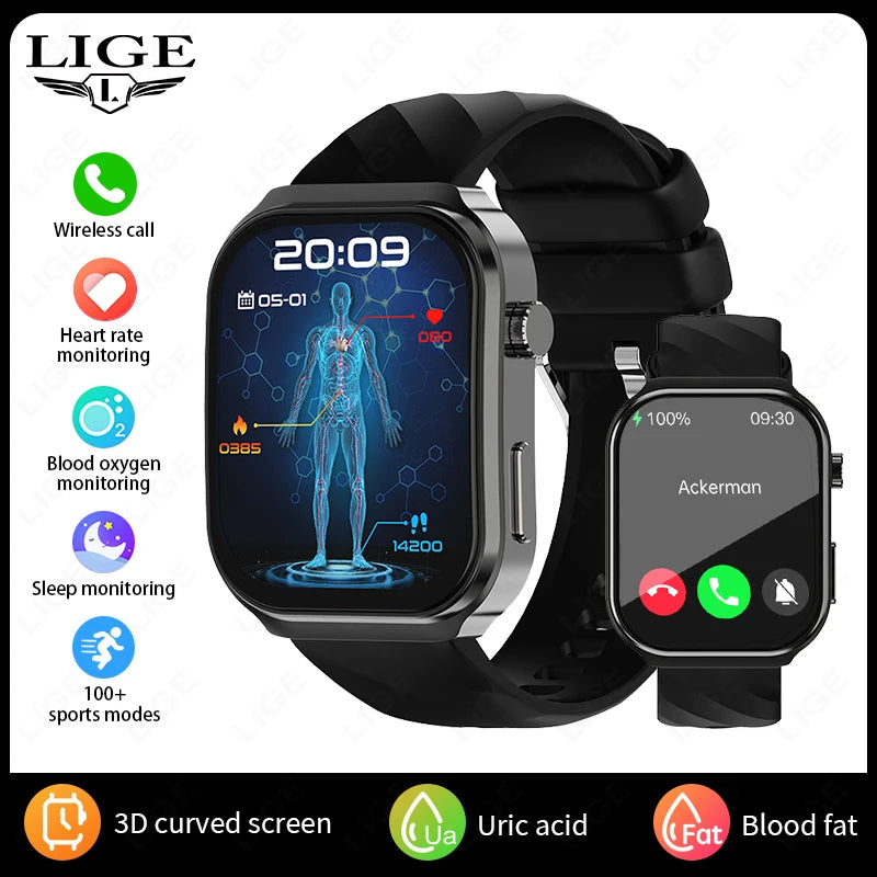 LIGE New Medical Grade Smart Watch Men Uric Acid Blood Fat Monitor 2.2'' Large Screen Bluetooth Call Sports Smartwatch Women Man