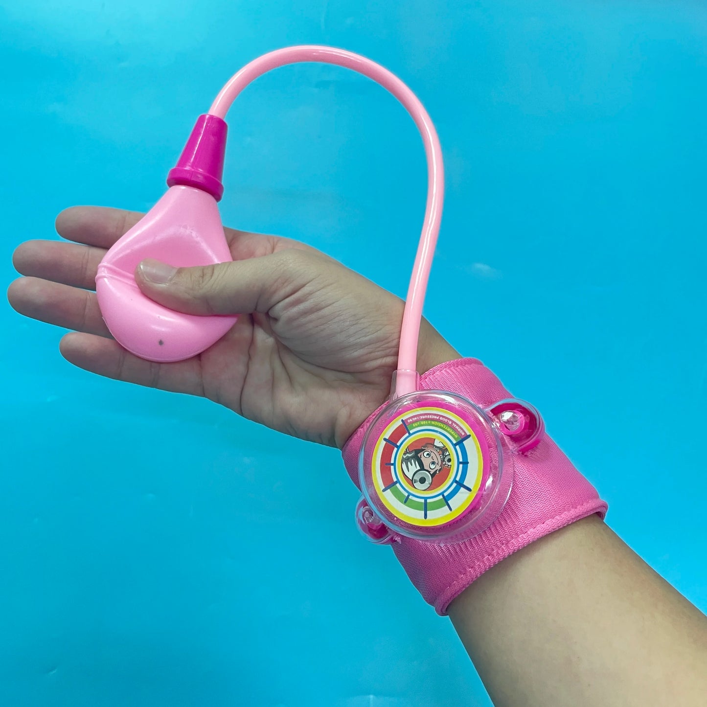 1 blood pressure toy - fun medical role-play tool, pink and blue plastic blood pressure monitor with inflatable cuff, suitable f