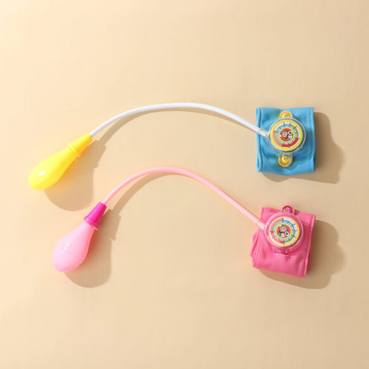 1 blood pressure toy - fun medical role-play tool, pink and blue plastic blood pressure monitor with inflatable cuff, suitable f
