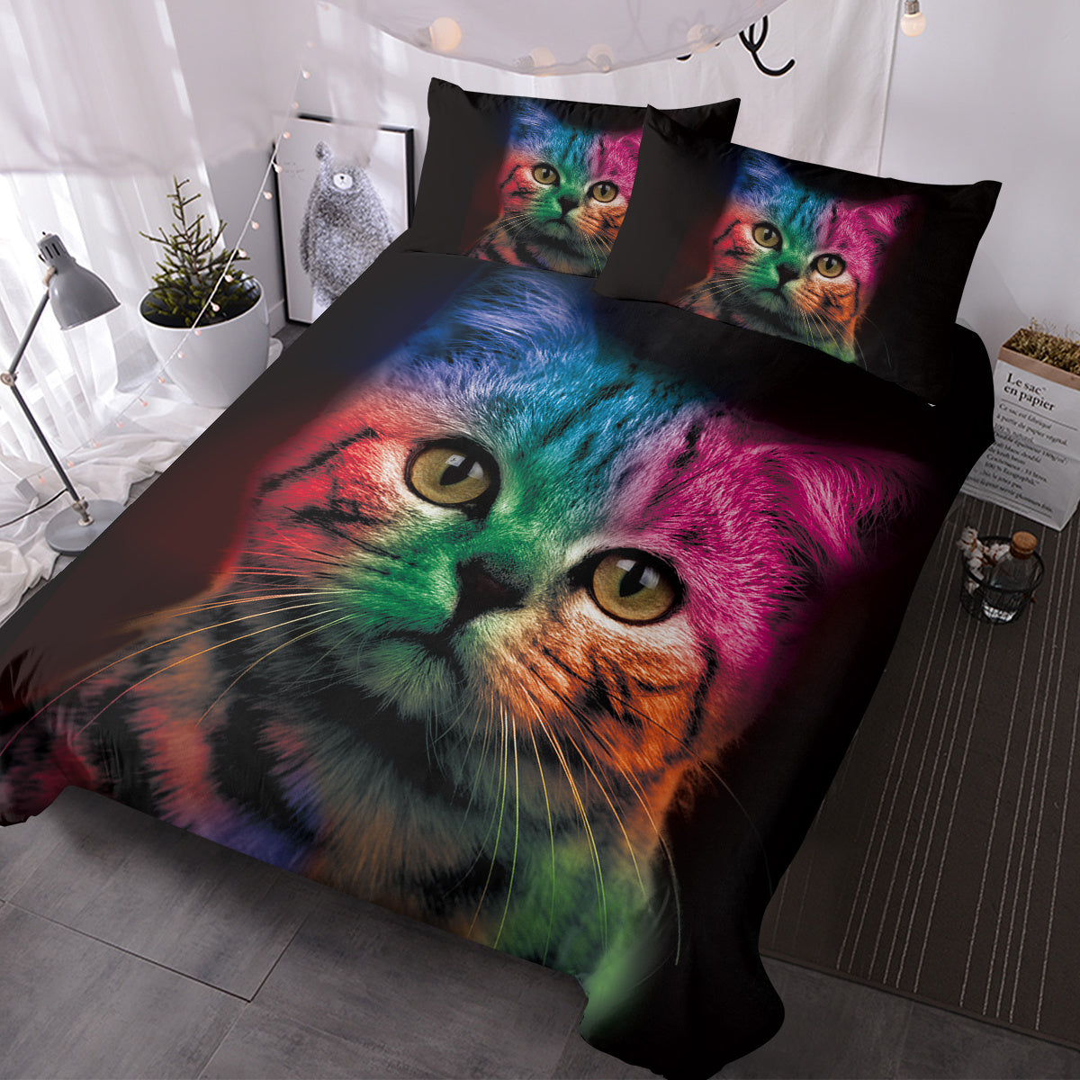 Cat Bedding For Kids Girls Boys Cute Colorful Cat Pattern Quilt Cover Bedspread 3 Piece Bold Color Black Animal Duvet Cover Set For Single Bed