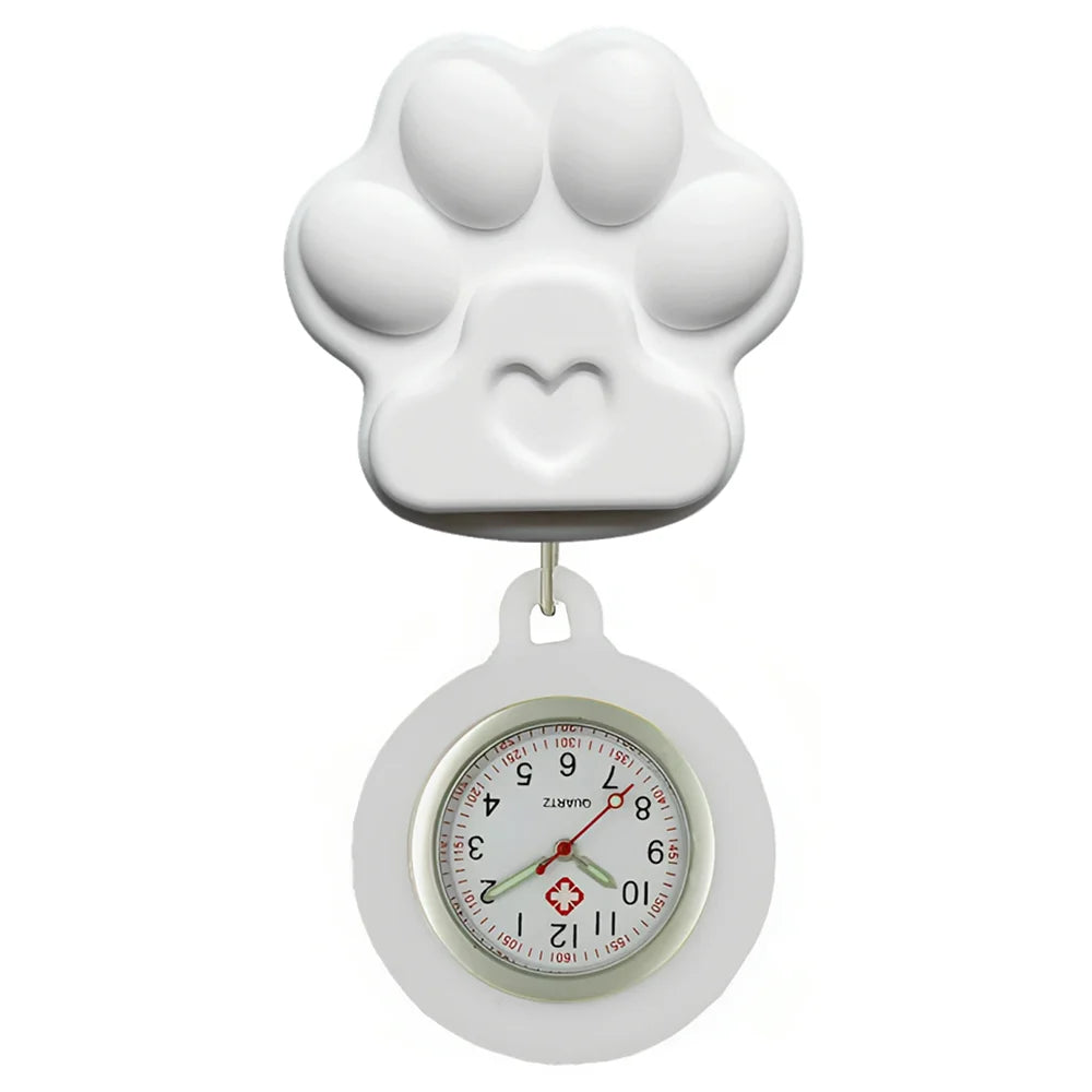 Cartoon Lovely Cat Dogs Paw Footprinting Claw Nurse Doctor Hospital Medical Clip Hang Brooches Retractable Pocket Watches Clock