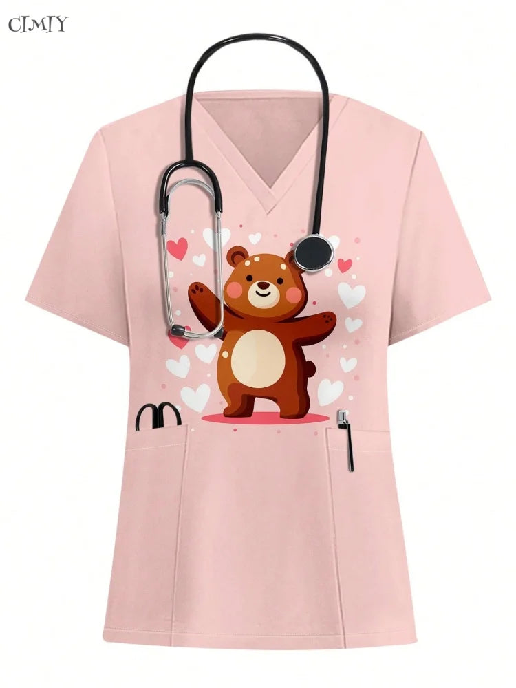 Women Surgical Uniforms Woman Short Sleeve Double Pocket Nurse Blouse Scrub Uniforms Top Women's Medical Uniform