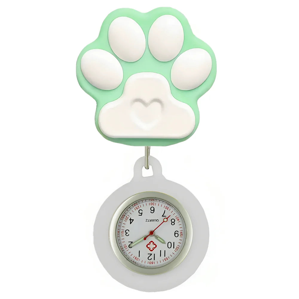 Cartoon Lovely Cat Dogs Paw Footprinting Claw Nurse Doctor Hospital Medical Clip Hang Brooches Retractable Pocket Watches Clock