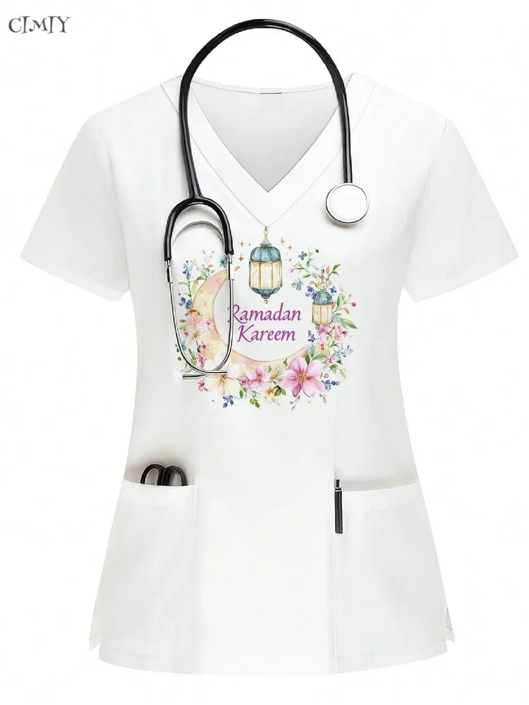Women Surgical Uniforms Woman Short Sleeve Double Pocket Nurse Blouse Scrub Uniforms Top Women's Medical Uniform
