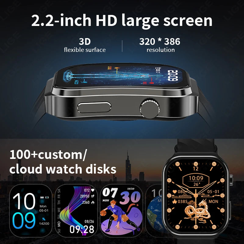 LIGE New Medical Grade Smart Watch Men Uric Acid Blood Fat Monitor 2.2'' Large Screen Bluetooth Call Sports Smartwatch Women Man
