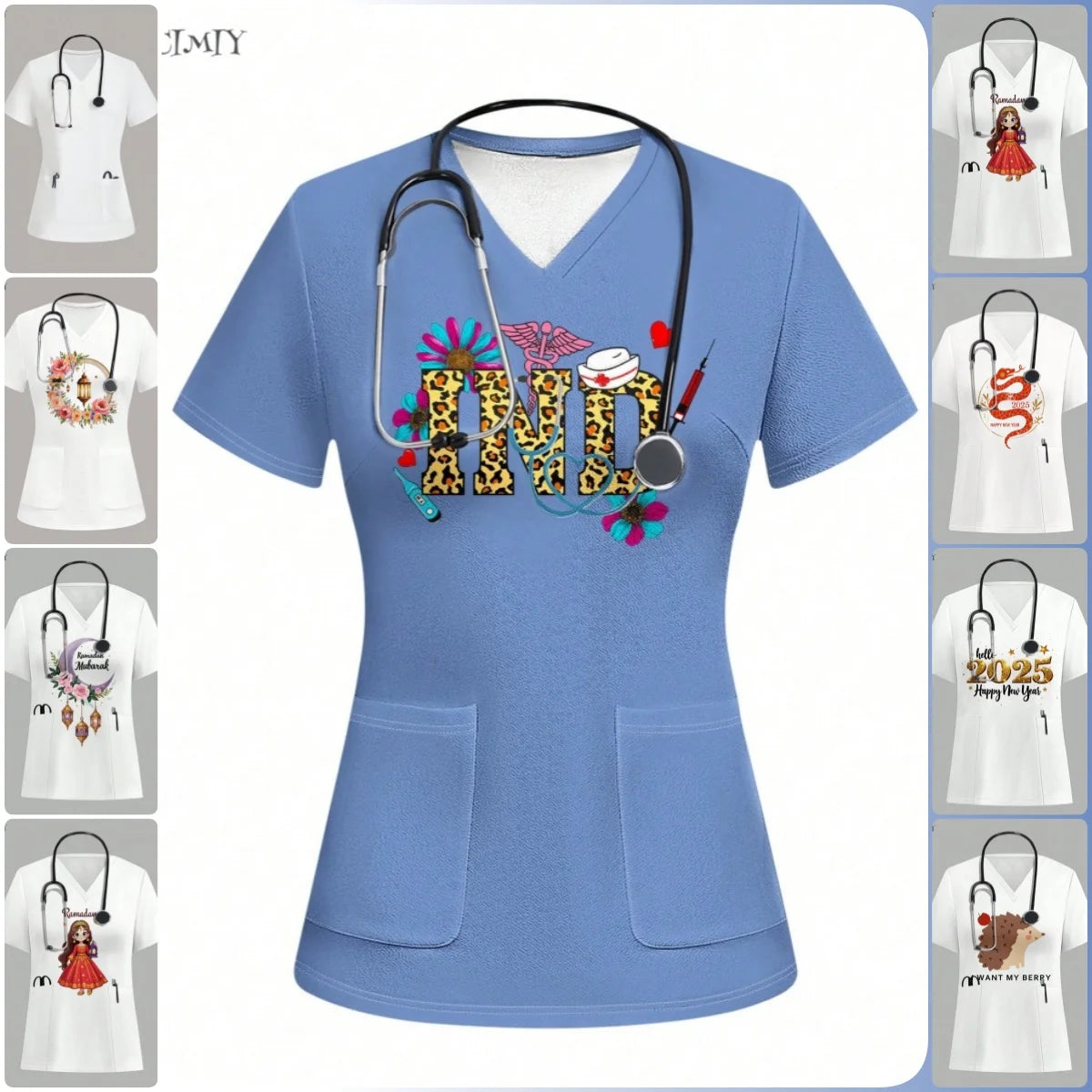 Women Surgical Uniforms Woman Short Sleeve Double Pocket Nurse Blouse Scrub Uniforms Top Women's Medical Uniform