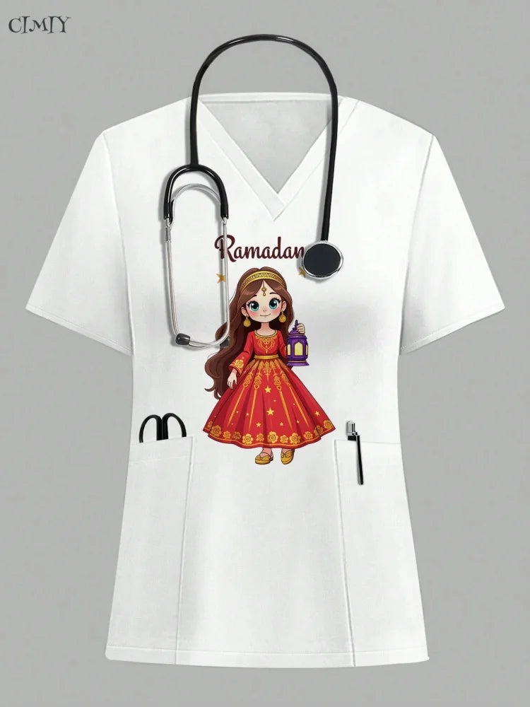 Women Surgical Uniforms Woman Short Sleeve Double Pocket Nurse Blouse Scrub Uniforms Top Women's Medical Uniform