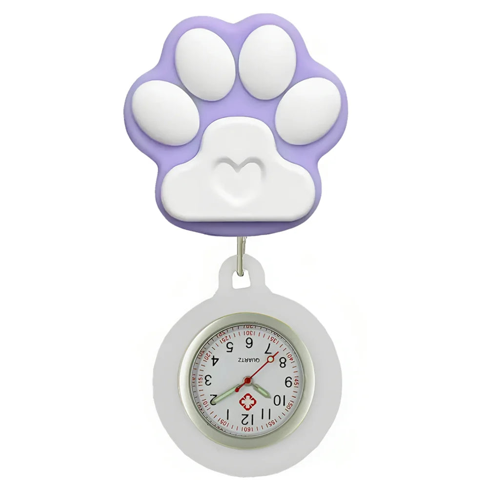 Cartoon Lovely Cat Dogs Paw Footprinting Claw Nurse Doctor Hospital Medical Clip Hang Brooches Retractable Pocket Watches Clock