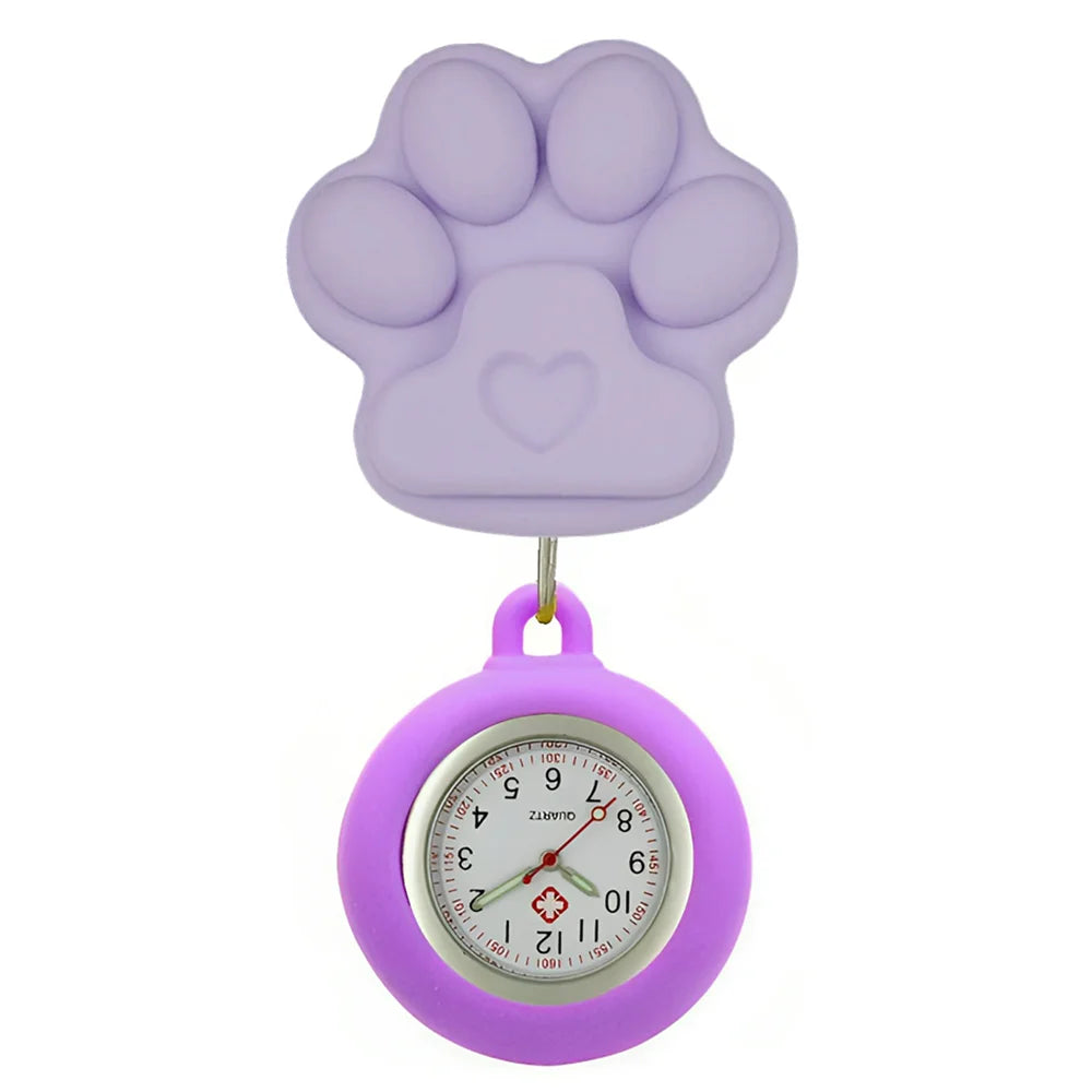 Cartoon Lovely Cat Dogs Paw Footprinting Claw Nurse Doctor Hospital Medical Clip Hang Brooches Retractable Pocket Watches Clock