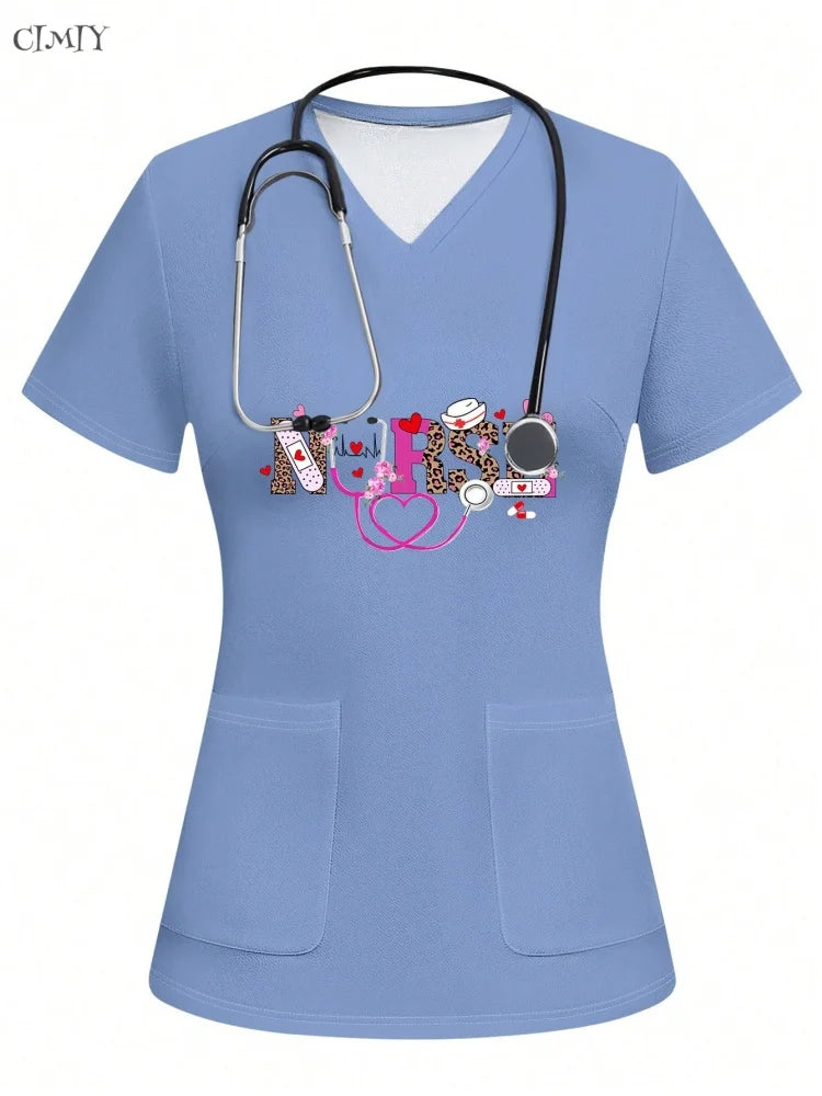 Women Surgical Uniforms Woman Short Sleeve Double Pocket Nurse Blouse Scrub Uniforms Top Women's Medical Uniform