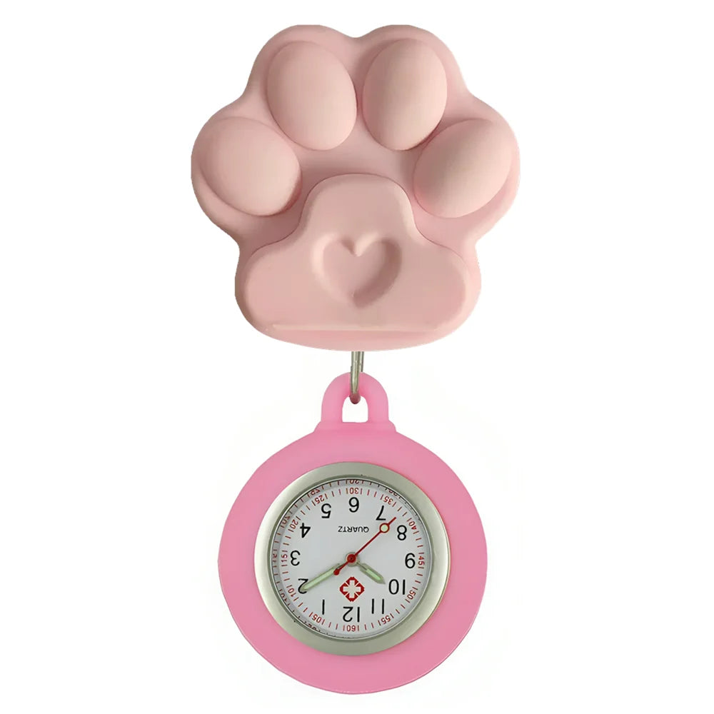 Cartoon Lovely Cat Dogs Paw Footprinting Claw Nurse Doctor Hospital Medical Clip Hang Brooches Retractable Pocket Watches Clock