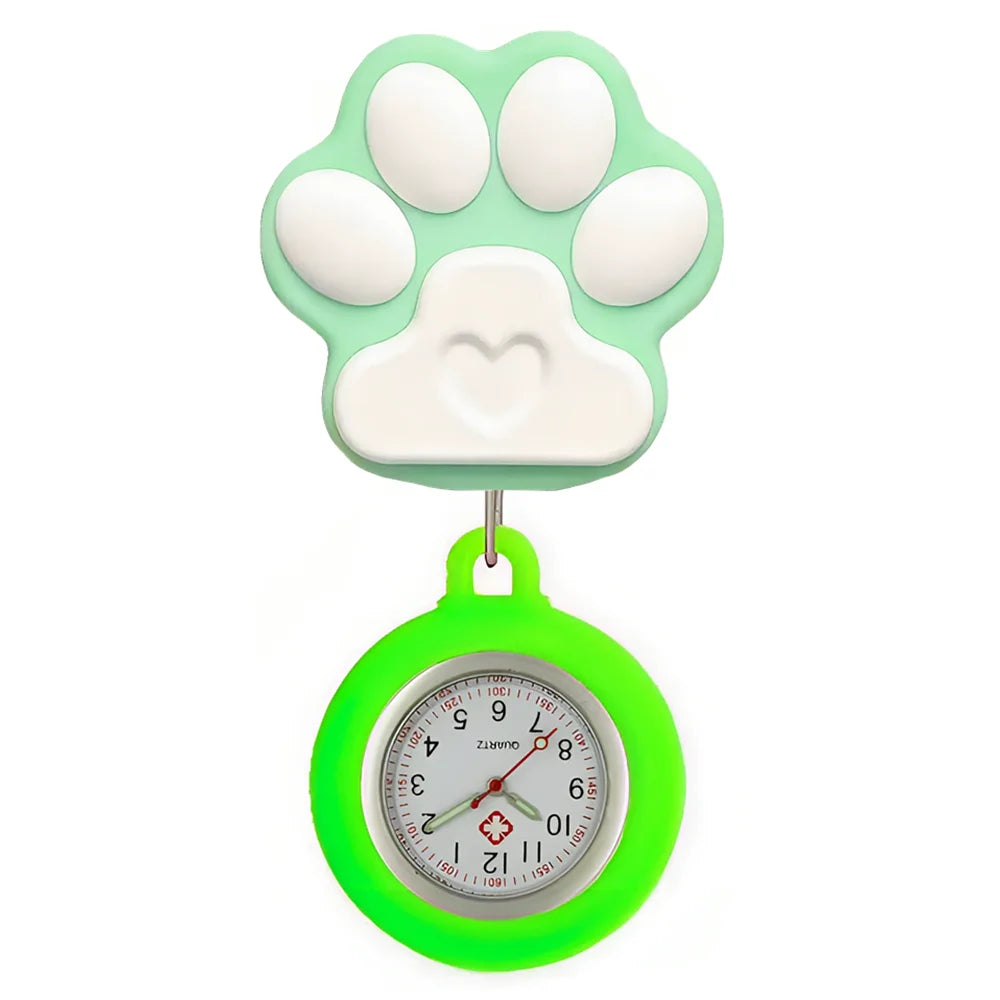 Cartoon Lovely Cat Dogs Paw Footprinting Claw Nurse Doctor Hospital Medical Clip Hang Brooches Retractable Pocket Watches Clock