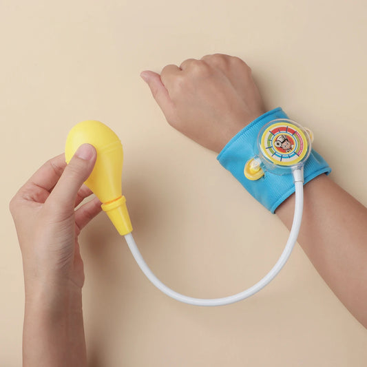 1 blood pressure toy - fun medical role-play tool, pink and blue plastic blood pressure monitor with inflatable cuff, suitable f