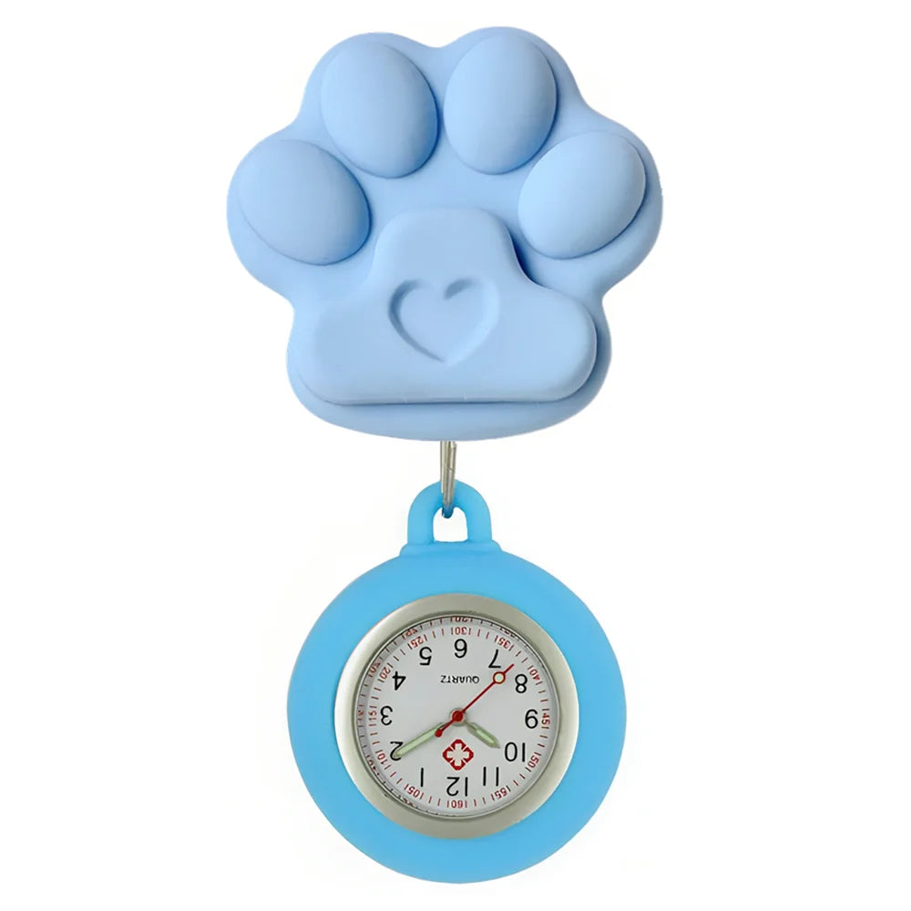 Cartoon Lovely Cat Dogs Paw Footprinting Claw Nurse Doctor Hospital Medical Clip Hang Brooches Retractable Pocket Watches Clock