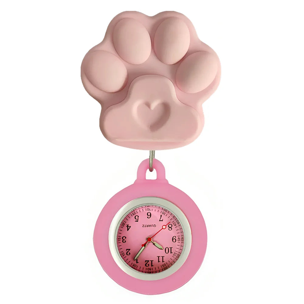 Cartoon Lovely Cat Dogs Paw Footprinting Claw Nurse Doctor Hospital Medical Clip Hang Brooches Retractable Pocket Watches Clock