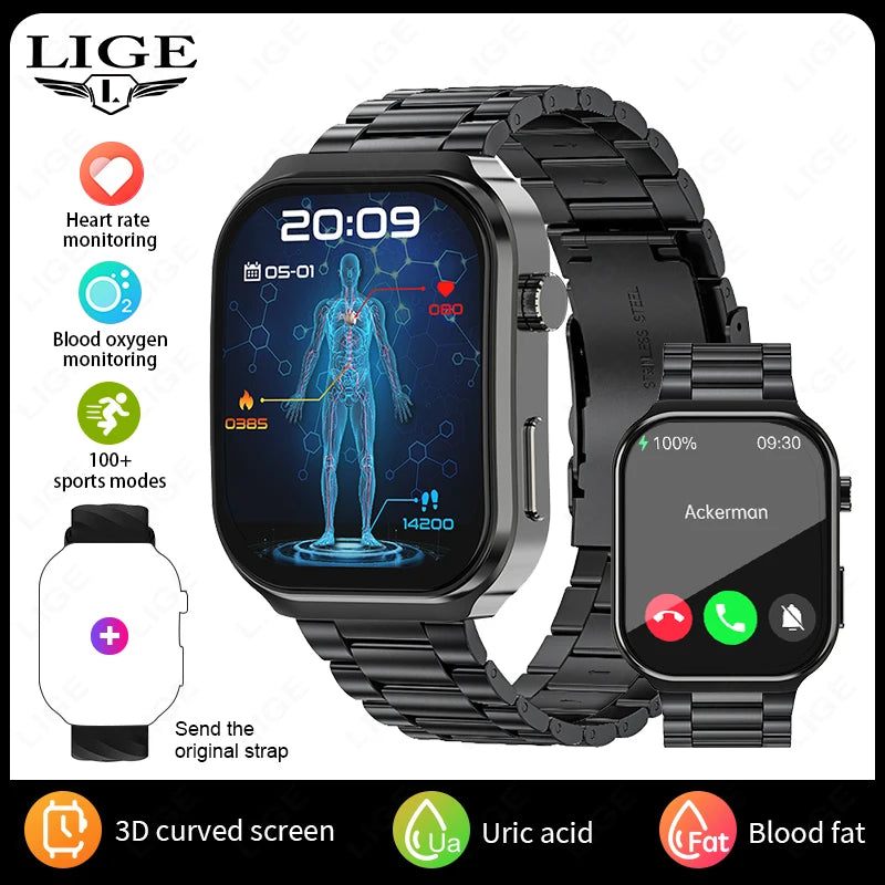 LIGE New Medical Grade Smart Watch Men Uric Acid Blood Fat Monitor 2.2'' Large Screen Bluetooth Call Sports Smartwatch Women Man