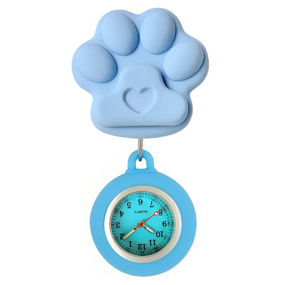 Cartoon Lovely Cat Dogs Paw Footprinting Claw Nurse Doctor Hospital Medical Clip Hang Brooches Retractable Pocket Watches Clock