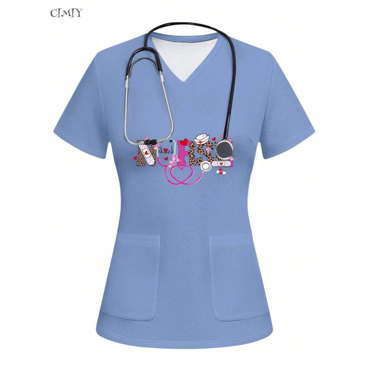 Women Surgical Uniforms Woman Short Sleeve Double Pocket Nurse Blouse Scrub Uniforms Top Women's Medical Uniform