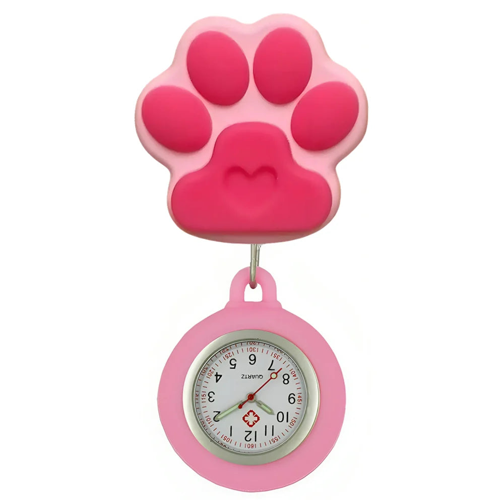 Cartoon Lovely Cat Dogs Paw Footprinting Claw Nurse Doctor Hospital Medical Clip Hang Brooches Retractable Pocket Watches Clock