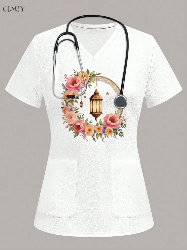 Women Surgical Uniforms Woman Short Sleeve Double Pocket Nurse Blouse Scrub Uniforms Top Women's Medical Uniform