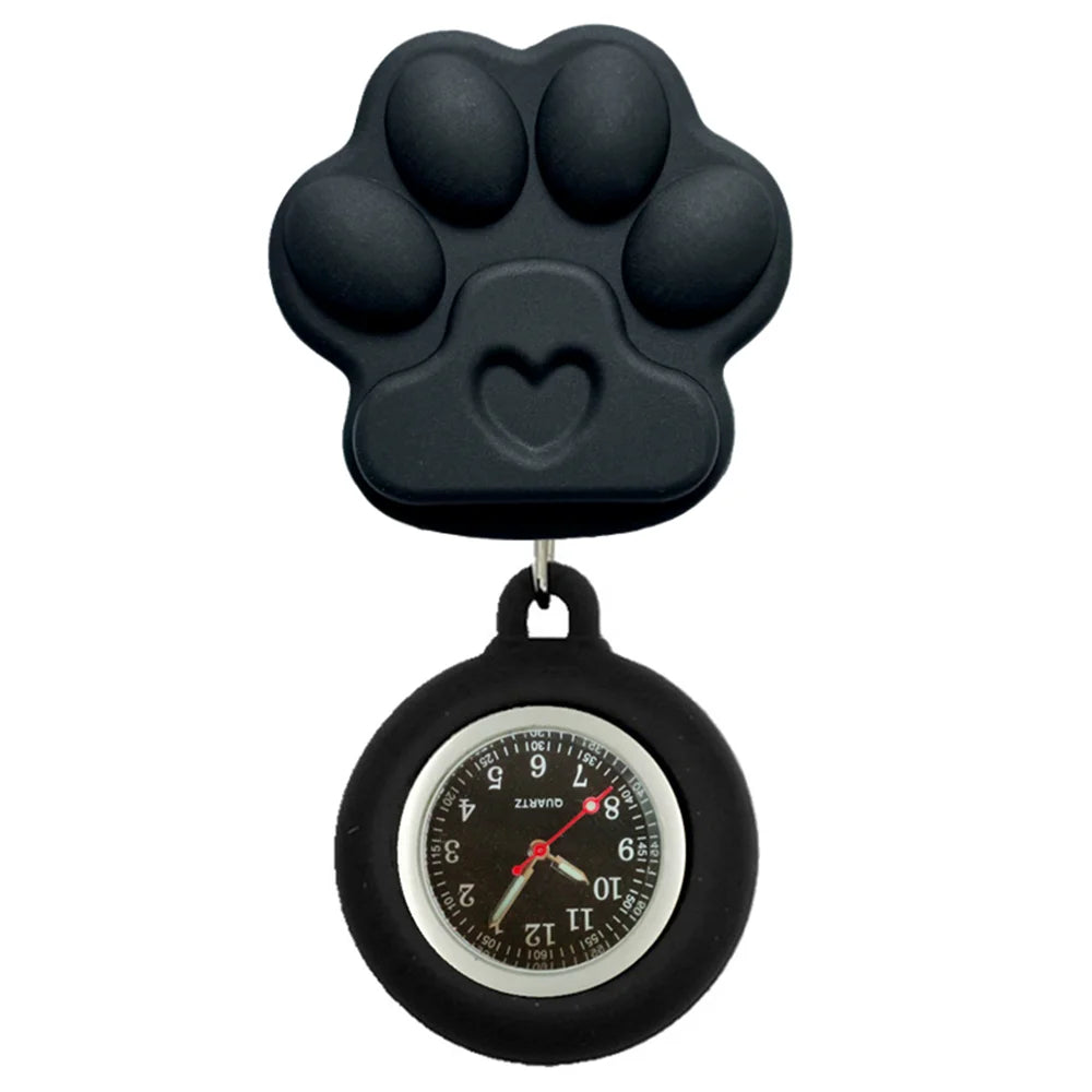Cartoon Lovely Cat Dogs Paw Footprinting Claw Nurse Doctor Hospital Medical Clip Hang Brooches Retractable Pocket Watches Clock