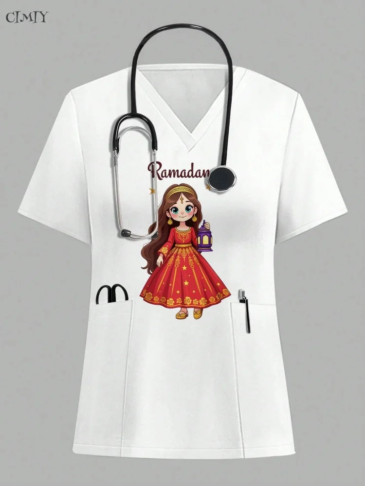 Women Surgical Uniforms Woman Short Sleeve Double Pocket Nurse Blouse Scrub Uniforms Top Women's Medical Uniform