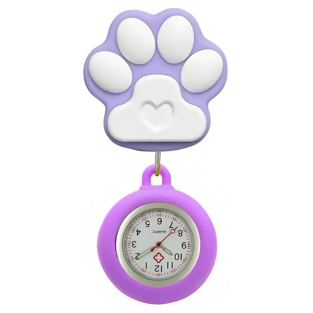 Cartoon Lovely Cat Dogs Paw Footprinting Claw Nurse Doctor Hospital Medical Clip Hang Brooches Retractable Pocket Watches Clock