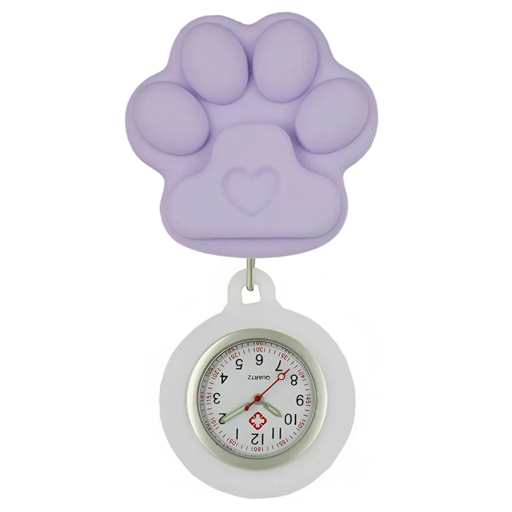 Cartoon Lovely Cat Dogs Paw Footprinting Claw Nurse Doctor Hospital Medical Clip Hang Brooches Retractable Pocket Watches Clock
