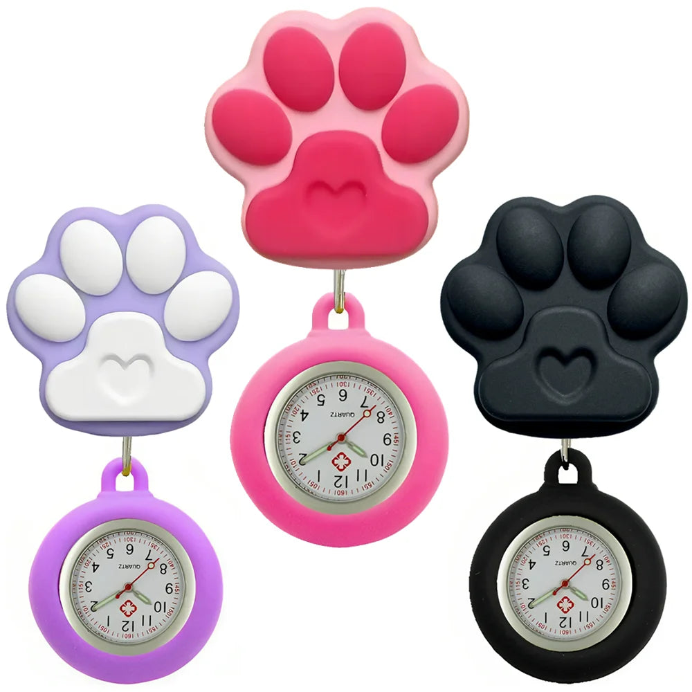 Cartoon Lovely Cat Dogs Paw Footprinting Claw Nurse Doctor Hospital Medical Clip Hang Brooches Retractable Pocket Watches Clock