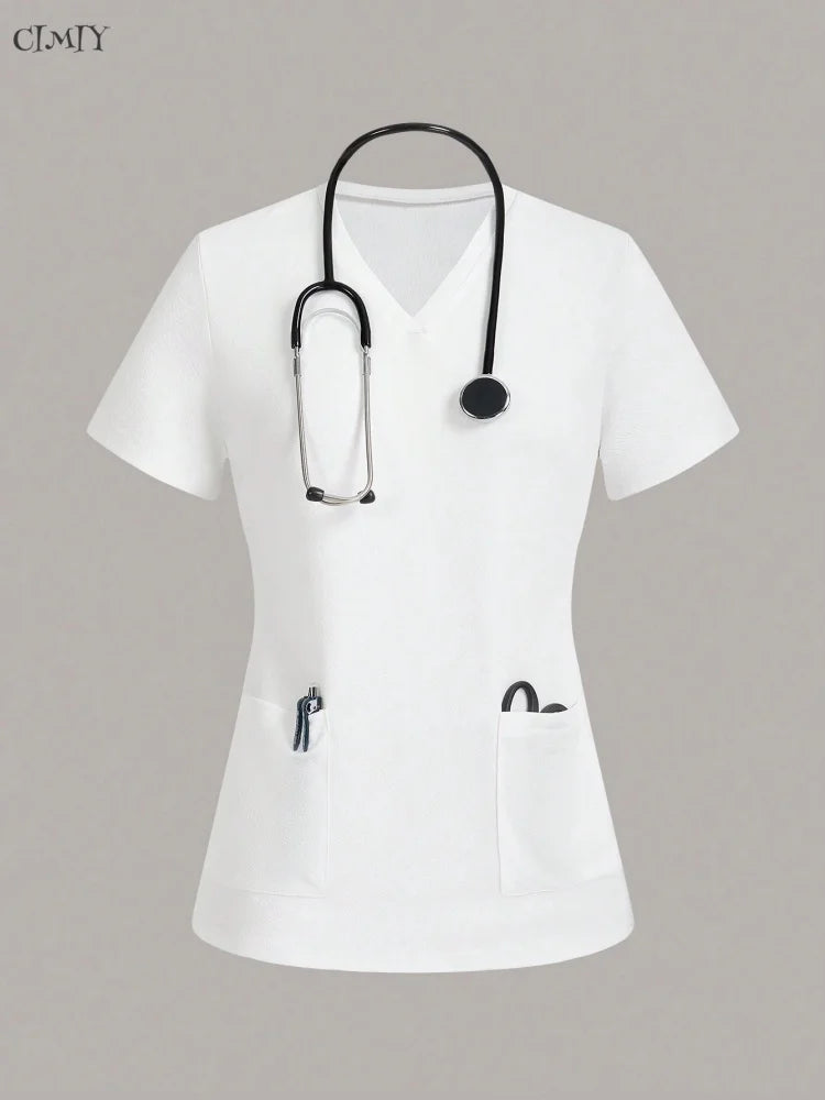 Women Surgical Uniforms Woman Short Sleeve Double Pocket Nurse Blouse Scrub Uniforms Top Women's Medical Uniform