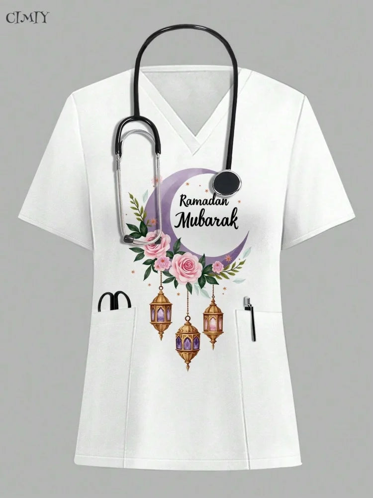 Women Surgical Uniforms Woman Short Sleeve Double Pocket Nurse Blouse Scrub Uniforms Top Women's Medical Uniform