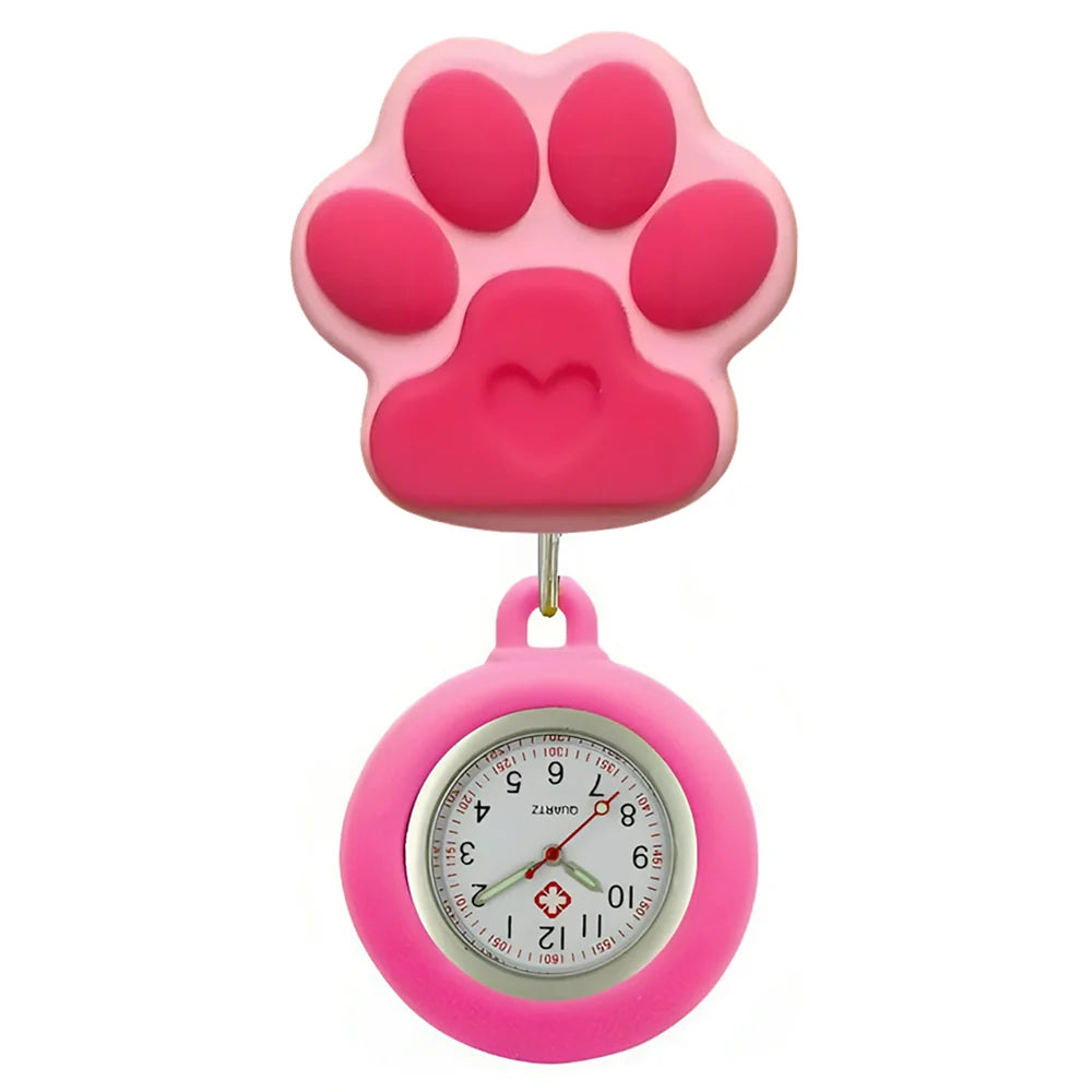 Cartoon Lovely Cat Dogs Paw Footprinting Claw Nurse Doctor Hospital Medical Clip Hang Brooches Retractable Pocket Watches Clock