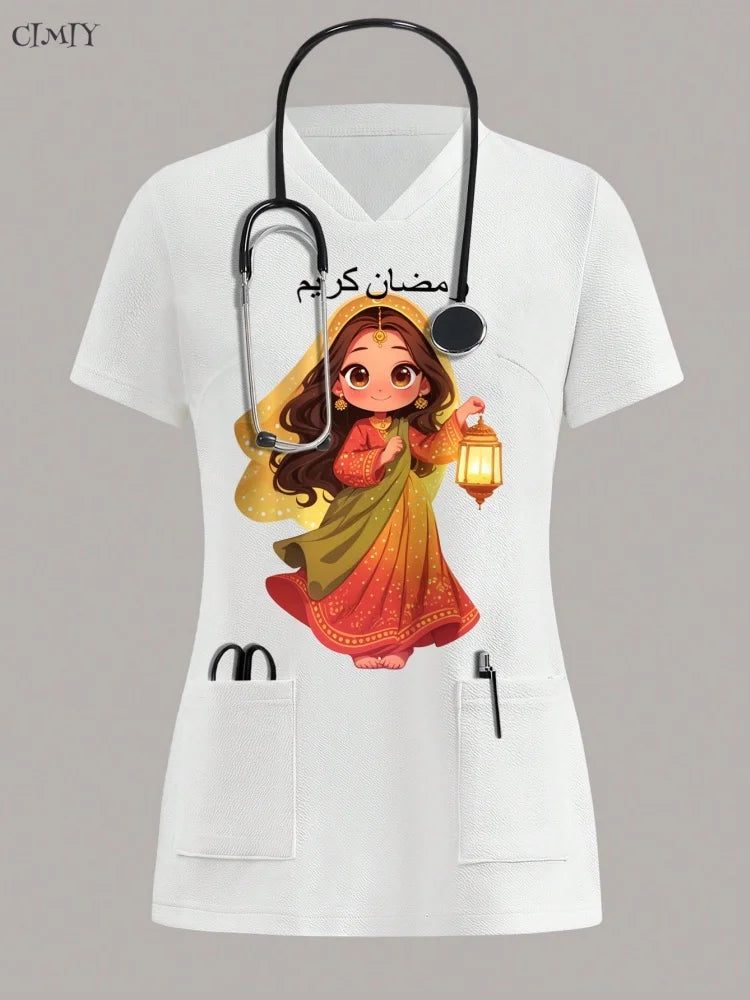 Women Surgical Uniforms Woman Short Sleeve Double Pocket Nurse Blouse Scrub Uniforms Top Women's Medical Uniform