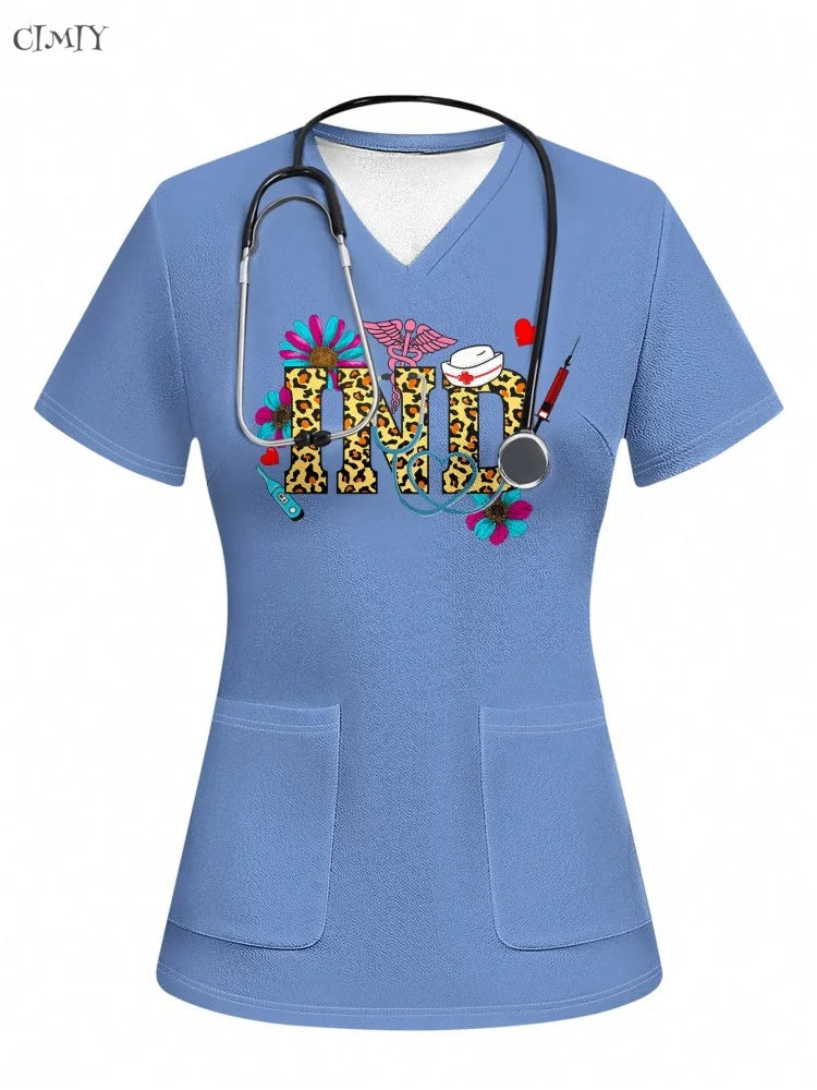 Women Surgical Uniforms Woman Short Sleeve Double Pocket Nurse Blouse Scrub Uniforms Top Women's Medical Uniform