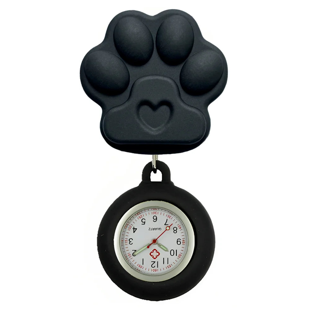 Cartoon Lovely Cat Dogs Paw Footprinting Claw Nurse Doctor Hospital Medical Clip Hang Brooches Retractable Pocket Watches Clock