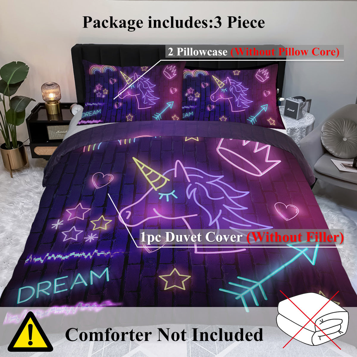 Star Bedding Neon  Pattern 3 Piece Black Duvet Cover Set