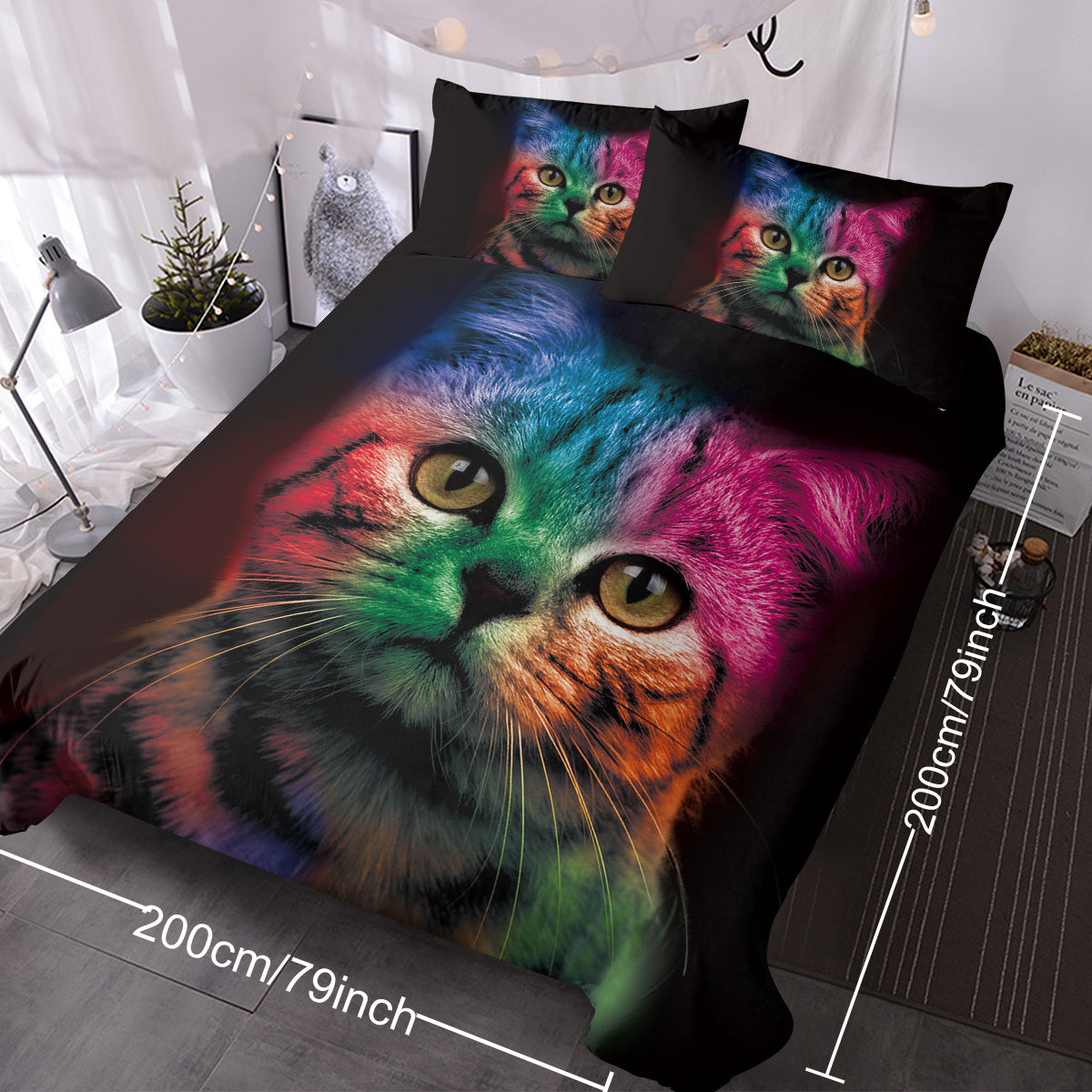 Cat Bedding For Kids Girls Boys Cute Colorful Cat Pattern Quilt Cover Bedspread 3 Piece Bold Color Black Animal Duvet Cover Set For Single Bed